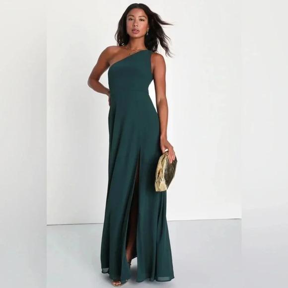 Lulus Elegant Admiration Emerald Green One-Shoulder Maxi Dress Sz S nwot - Picture 1 of 4